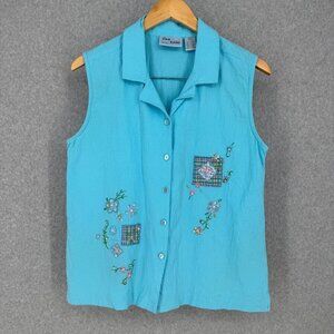 Jane Ashley VTG Button Front Sleeveless Top Size XL Blue Patchwork Cottage Gauze